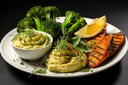 Hummus, baked sweet potatoes and pesto sauce in a plate with herbsの素材