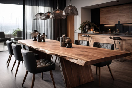 Solid wooden dining table in a modern living room, natural colorの素材