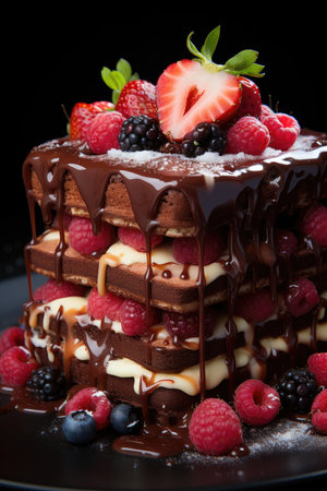 Chocolate layer cake with strawberries and mintの素材
