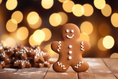 Cookies in the form of traditional gingerbread men on the background of Christmas lights bokehの素材