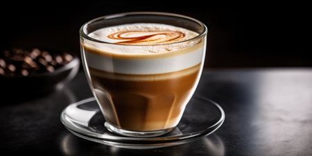 Hot cappuccino in a glass on a wooden tableの素材