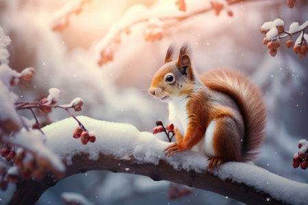 Squirrel sitting on a snow-covered branch in the parkの素材