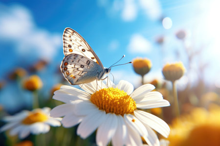 A butterfly with bright wings sits on a white daisy close-upの素材