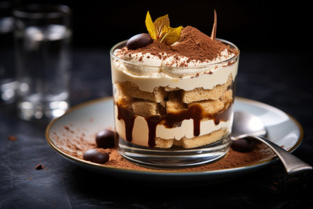 Tiramisu dessert in a glass glass with coffee beans and chocolateの素材