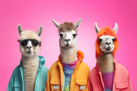 Llamas in colored jackets and jackets, anthropomorphic animalsの素材