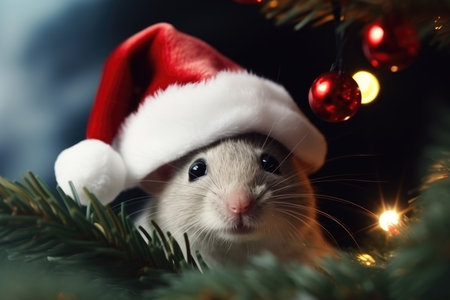 A mouse in a Santa Claus hat is sitting near the Christmas treeの素材