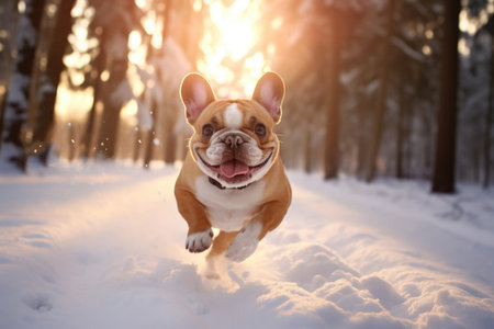 A French bulldog dog runs through the snow in the forest in winter with his tongue sticking outの素材