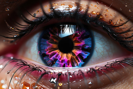 Large portrait of a human eye reflecting the northern lights, tears from the eyesの素材