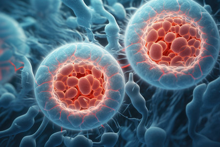 Cell division during mitosis magnified under a microscopeの素材