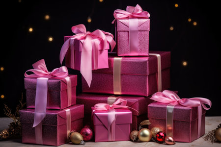 Pink gift boxes are standing near the Christmas treeの素材