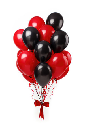 A bunch of red and black balloons tied with a bowの素材
