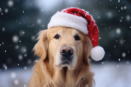 Golden Retriever dog in a Christmas red Santa Claus hat on the street under the snowの素材