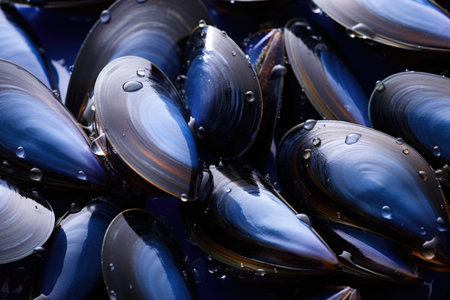 Fresh mussels with drops of waterの素材