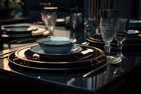A set of black glass plates on the dining table, serving the table with dishes and glassesの素材