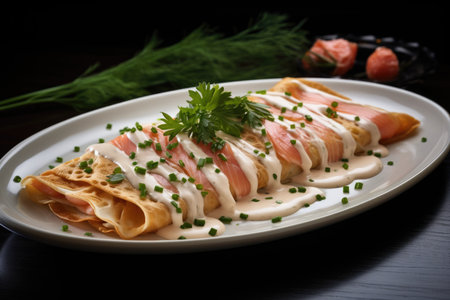 French triangular crepe pancakes with salmon and herbs on a plate in a cafeの素材
