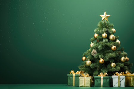 Christmas tree with gifts on a green background, greeting card, place for textの素材