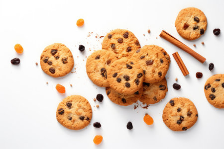 Sponge cookies with raisins and crumbs, isolated on a white backgroundの素材