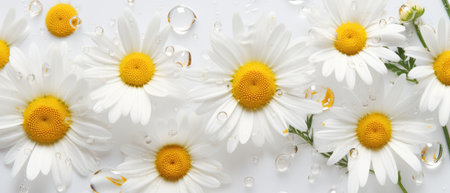 White banner with daisies and water drops on a white backgroundの素材