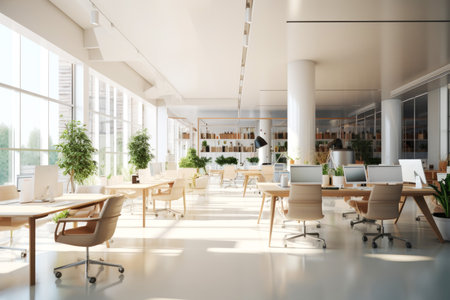The interior of the workplace in a white coworking with computersの素材