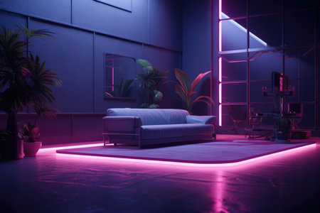 The interior of the living room with leather sofas and potted plants with pink neon lighting and carpetの素材