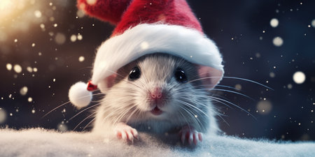 A banner with a mouse in a Santa Claus hat is sitting in the snowの素材