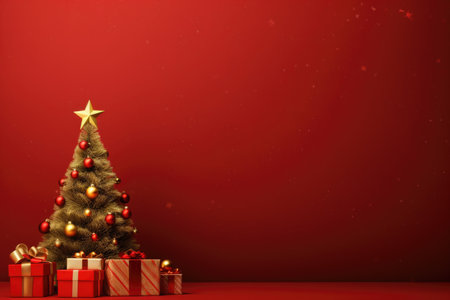 Christmas tree with gifts on a red background. Greeting card, place for textの素材