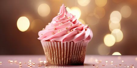 Banner with Christmas pink cupcake with pink whipped cream or cream, golden sprinkles and sequinsの素材