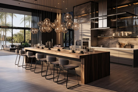 Beautiful wooden kitchen in a luxurious modern home interior with an island and chairsの素材