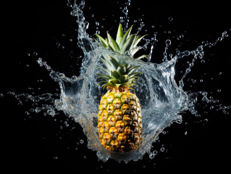 Pineapple falling into the water on a black backgroundの素材