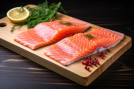 Two fresh red fish steaks on a chopping boardの素材