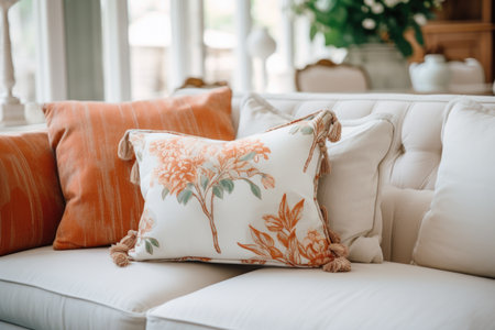 Close-up of a fabric sofa with white and terracotta pillows. Interior design of a modern living room in a country houseの素材