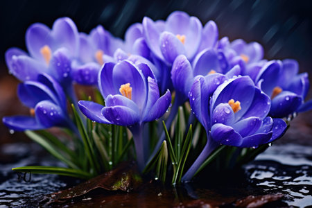 Spring blooming flowers of blue crocuses in drops of waterの素材
