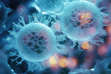 Round microorganisms under the microscope, virus cellsの素材