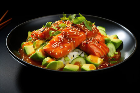 Hawaiian dish with fresh salmon and microgreens, avocado and cucumber in soy sauceの素材