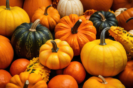 Close-up of fresh pumpkins of different shapes and sizes, background imageの素材