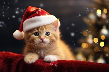 A red kitten in a Santa Claus hat on the background of a Christmas tree, place for textの素材