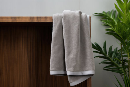 A set of gray bath terry towels lies on a shelf in the bathroomの素材