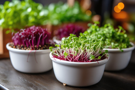 Micro-greenery in vases, front view. Red beet seedlings in potted compostの素材
