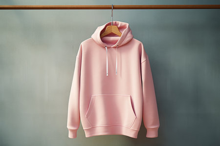 Pink modern sweatshirt hanging on a hanger in the children's bedroomの素材
