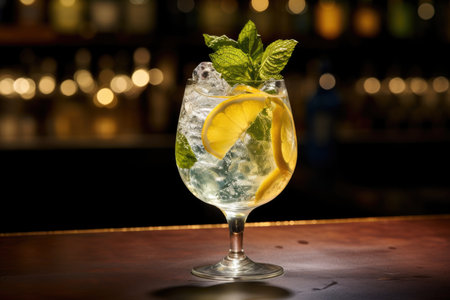 Hugo Spritz cocktail in a glass decorated with a sprig of mint and lemon stands on the bar counterの素材