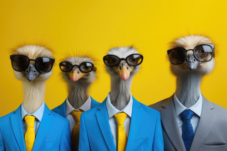 Ostriches in sunglasses and bright jackets, anthropomorphic animalsの素材