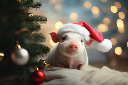 A piglet in a Santa hat on the background of a Christmas treeの素材