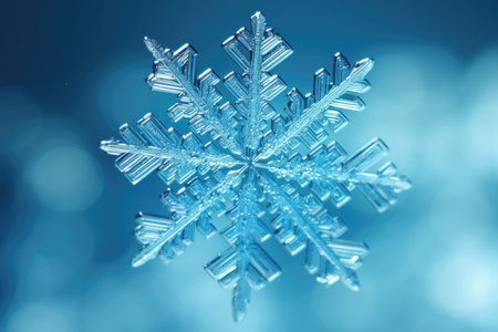 Close-up of snowflakes under a microscope on a blue backgroundの素材