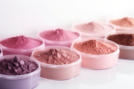 Samples of cosmetic powder of different colors on a white backgroundの素材