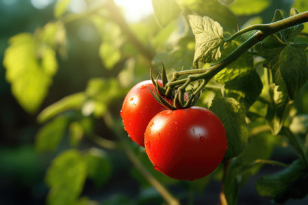 Ripe red tomato on a branch in a greenhouse, harvestingの素材