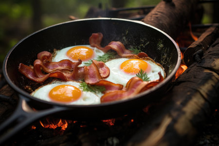 Breakfast with bacon and eggs in a cast-iron frying pan. Fried eggs with baconの素材