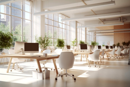 The interior of the workplace in a white coworking with computersの素材