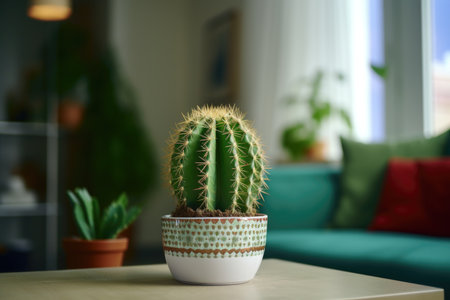 A cactus in a flower pot stands on a table in the living roomの素材