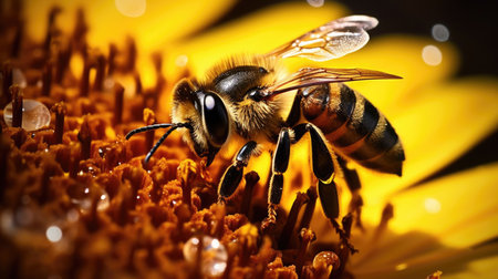 A close-up shot of a bee collecting nectar on a yellow flowerの素材