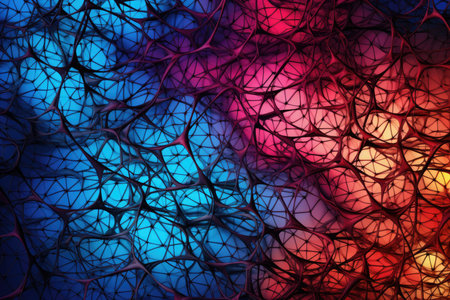 Abstract background with neural pattern design connecting lines and nodes in red and blueの素材